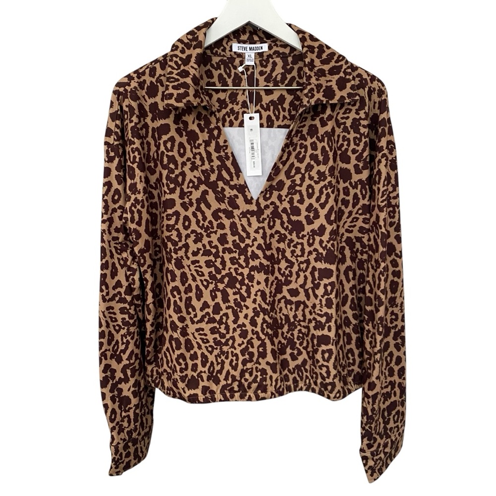 NWT Steve Madden Leopard Long Sleeve Knit Collared V-Neck Blouse Women’s XL